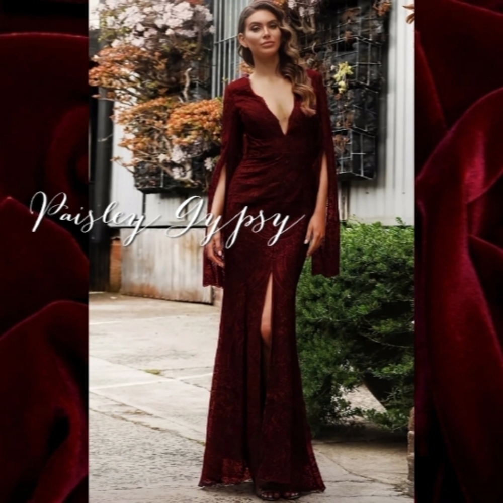 ELEGANT BURGUNDY DEEP V CONTRAST LACE FORMAL GOWN